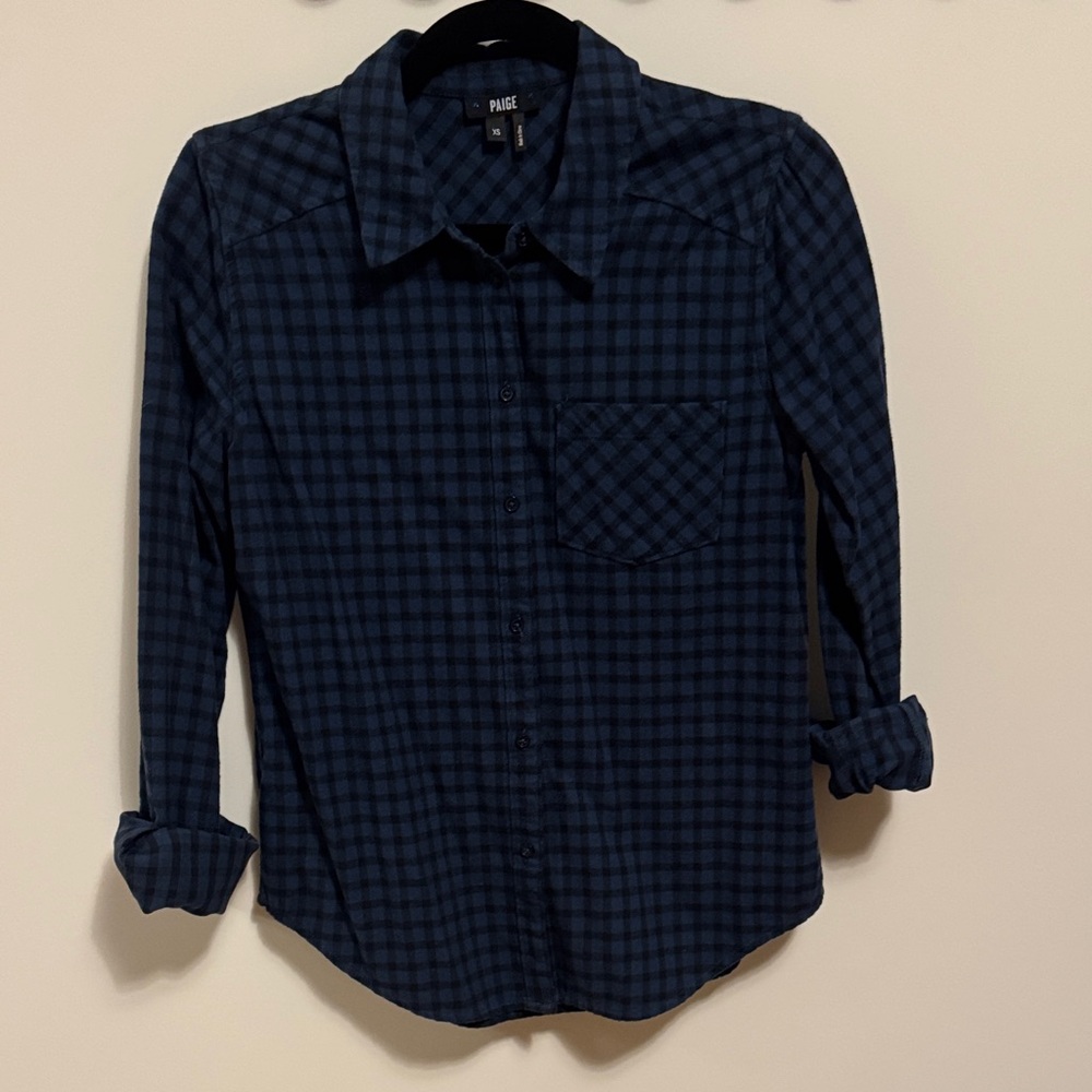 PAIGE XS women’s 100%cotton button down flannel shirt. Luna blue.and  Black